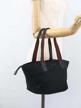 GUCCI GG Canvas Web Sherry Line Hand Bag Black Silver 131228 Auth ep12633